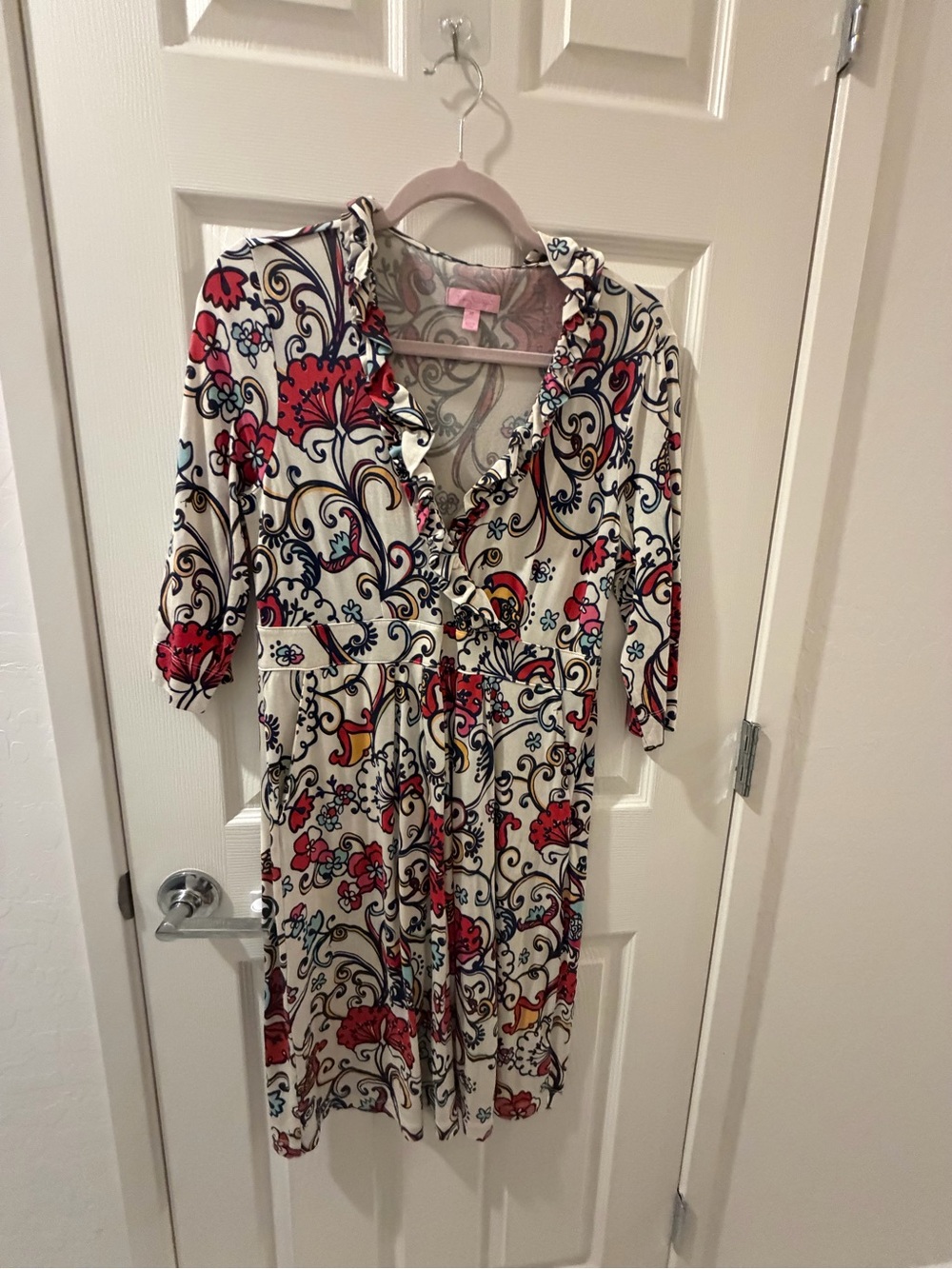 Lilly Pulitzer Cream Midi Dress with Red Floral and Navy Scrolls
